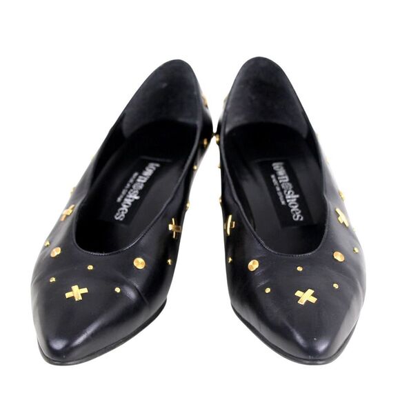VTG Town Shoes BLACK REAL LEATHER POINTED MID HEEL STUDS CLASSIC PUMP SHOES 6.5M - Picture 6 of 11
